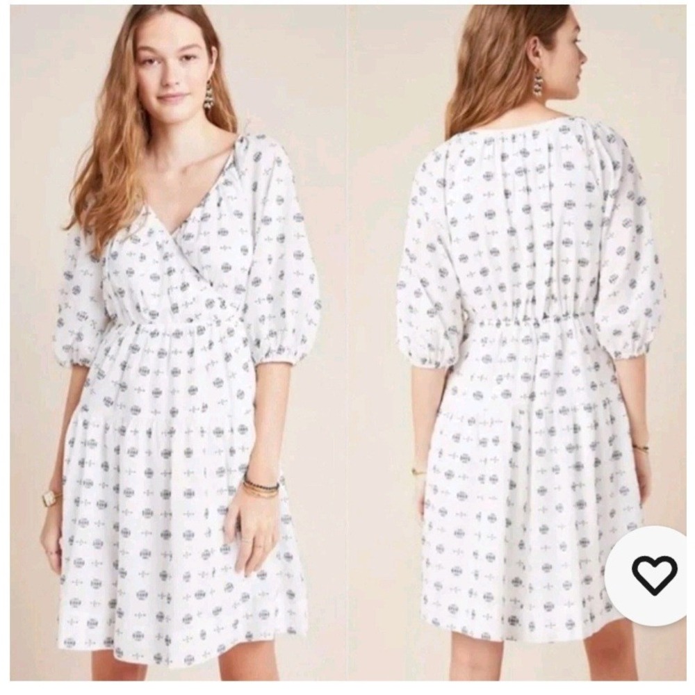 Anthropologie Marcie‎ Surplice Embroidered Puff Sleeve V Neck Dress Medium White